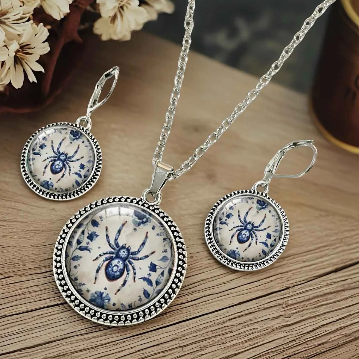 3pc Exquisite Blue and White Porcelain Spider Jewelry Set, Unisex